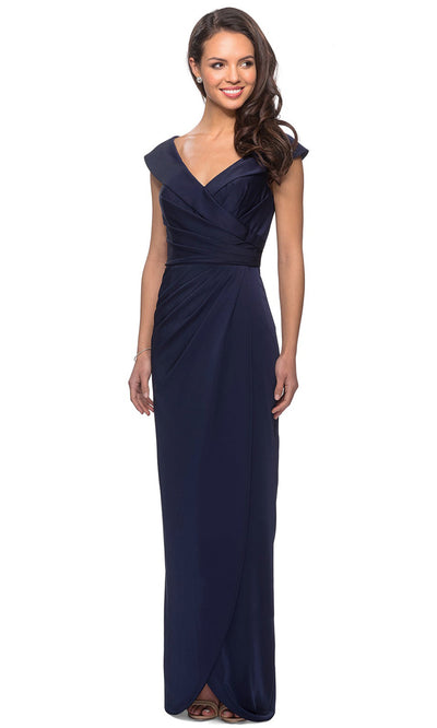 La Femme - 25206 Cap Sleeved Ruched Jersey Long Dress In Blue