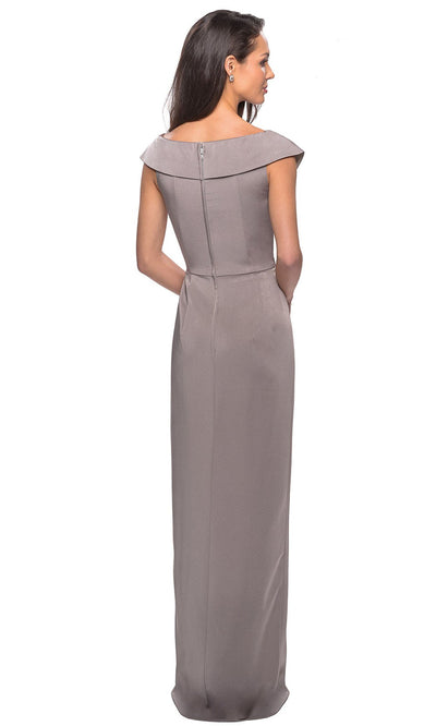 La Femme - 25206 Cap Sleeved Ruched Jersey Long Dress In Gray