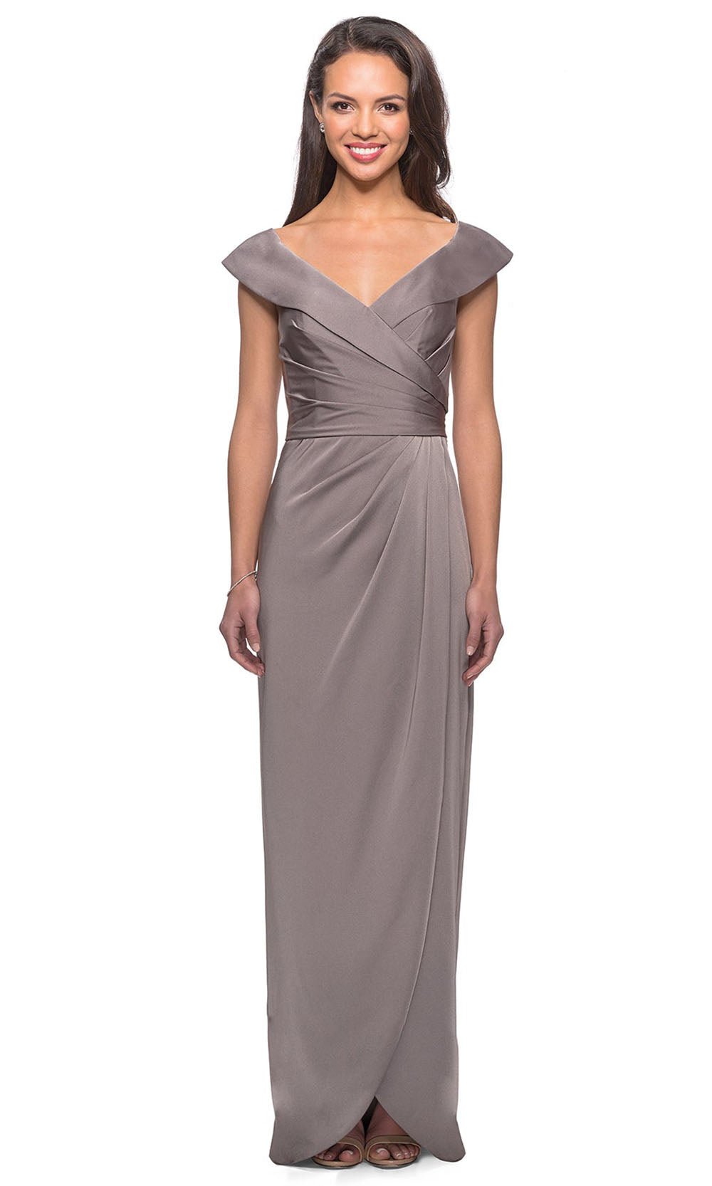La Femme - 25206 Cap Sleeved Ruched Jersey Long Dress In Gray