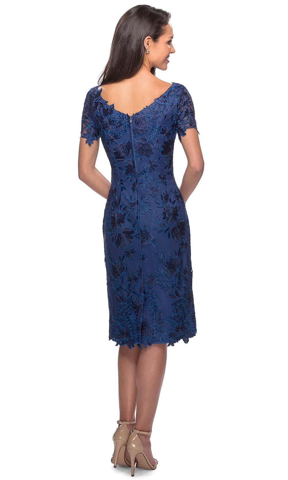 La Femme - 25522 Floral Appliqued Embroidery Sheath Dress In Blue