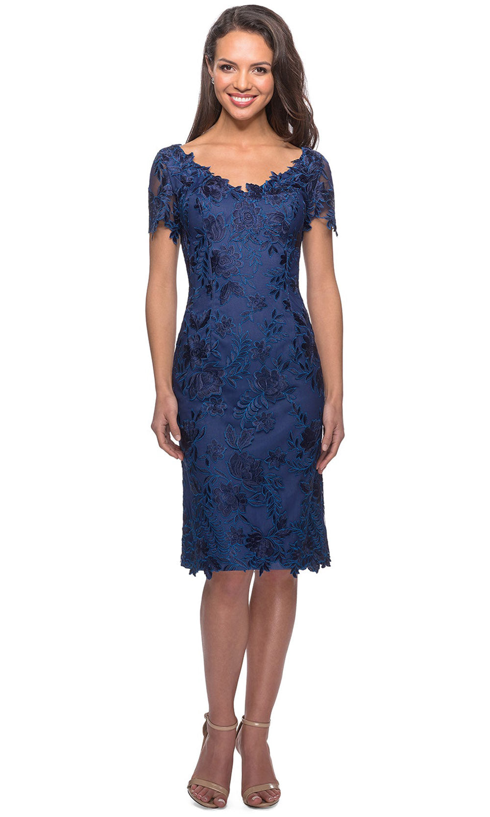 La Femme - 25522 Floral Appliqued Embroidery Sheath Dress In Blue