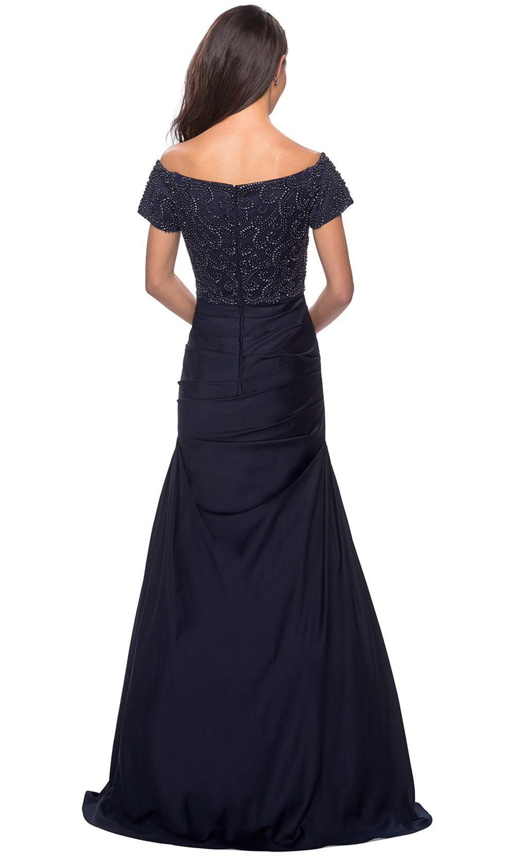 La Femme - 25996 Beaded Short Sleeve Satin Pleated Long Dress In Blue
