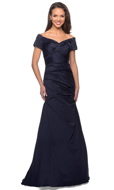 La Femme - 25996 Beaded Short Sleeve Satin Pleated Long Dress In Blue