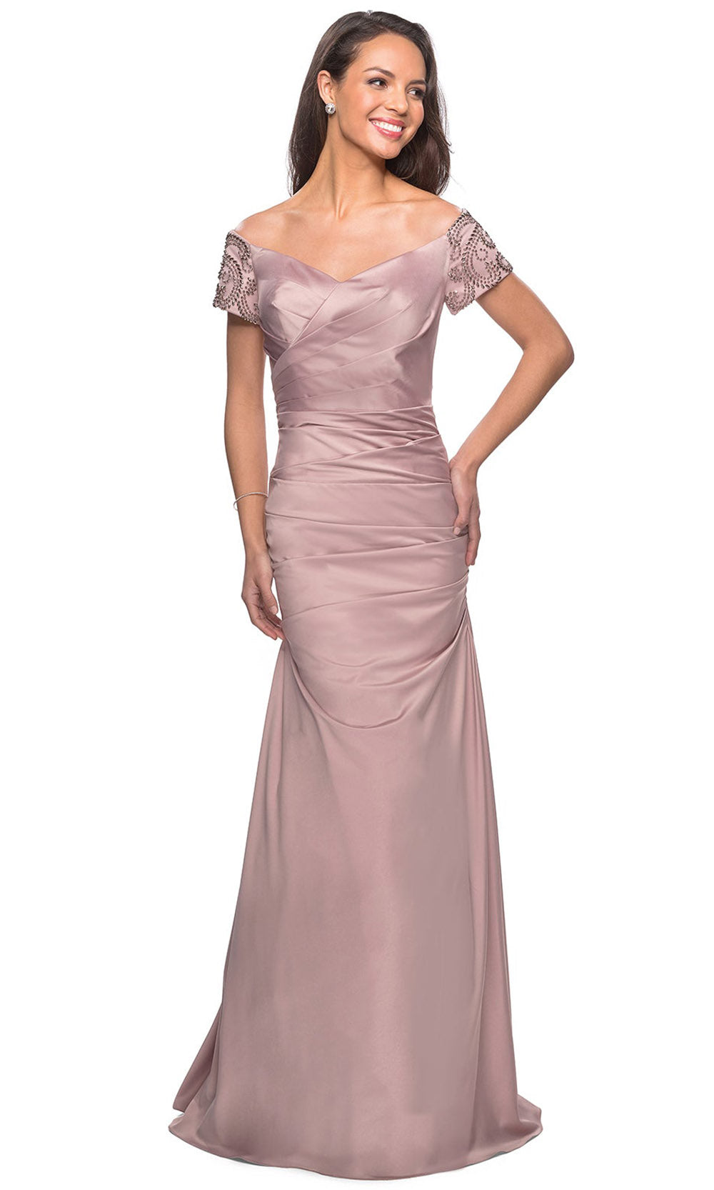 La Femme - 25996 Beaded Short Sleeve Satin Pleated Long Dress In Pink