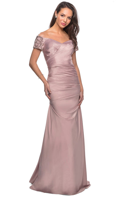 La Femme - 25996 Beaded Short Sleeve Satin Pleated Long Dress In Pink