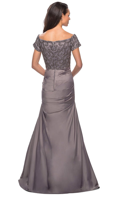 La Femme - 25996 Beaded Short Sleeve Satin Pleated Long Dress In Silver