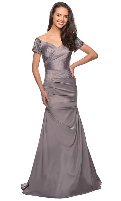 La Femme - 25996 Beaded Short Sleeve Satin Pleated Long Dress In Silver