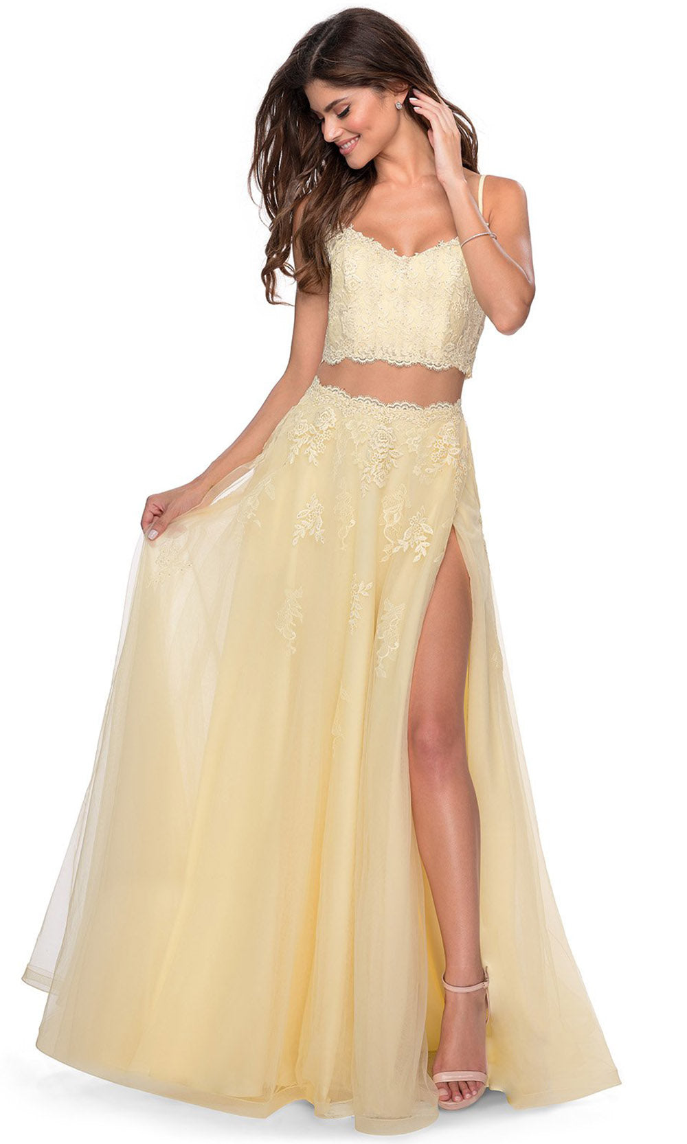 La Femme - 28271 Two-Piece Floral Lace Tulle A-Line Gown In Yellow