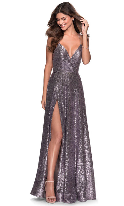 La Femme - 28276 Lace-Up Open Back Sequin A-Line Gown In Silver & Gray
