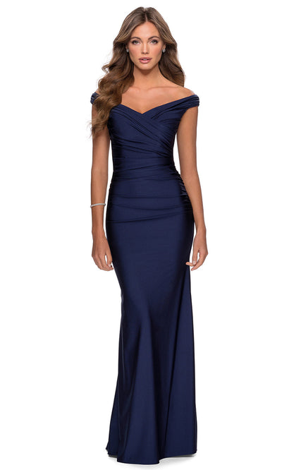 La Femme - 28450 Pleated Off-Shoulder Fitted Evening Dress In Blue