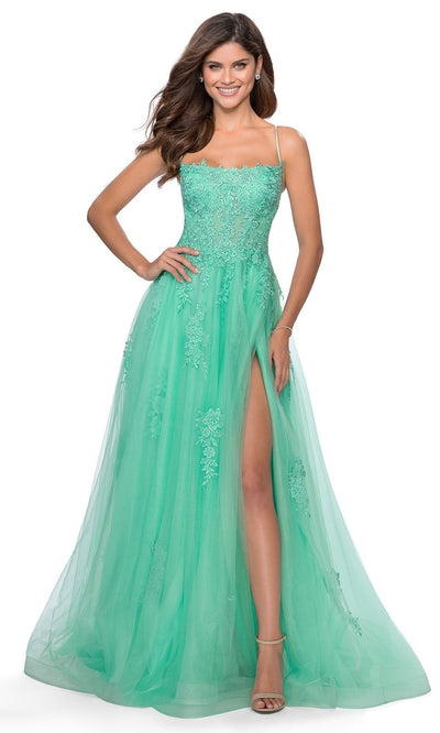 La Femme - 28470 Floral Lace Tulle Slit A-Line Gown In Green