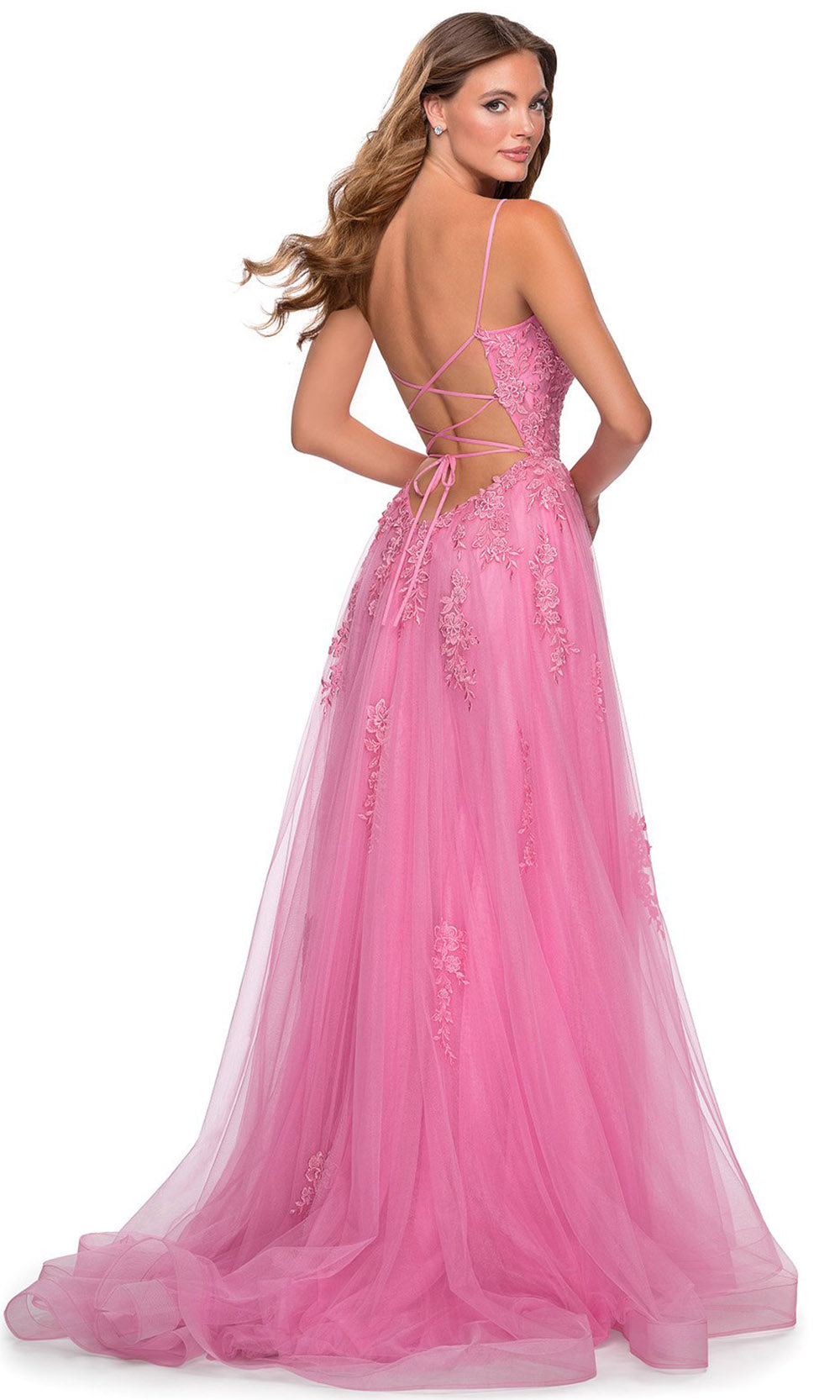 La Femme - 28470 Floral Lace Tulle Slit A-Line Gown In Pink