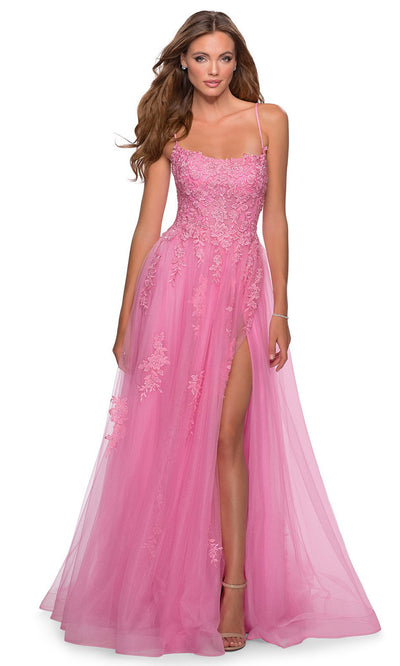 La Femme - 28470 Floral Lace Tulle Slit A-Line Gown In Pink