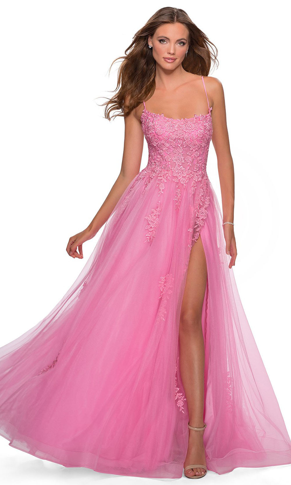 La Femme - 28470 Floral Lace Tulle Slit A-Line Gown In Pink
