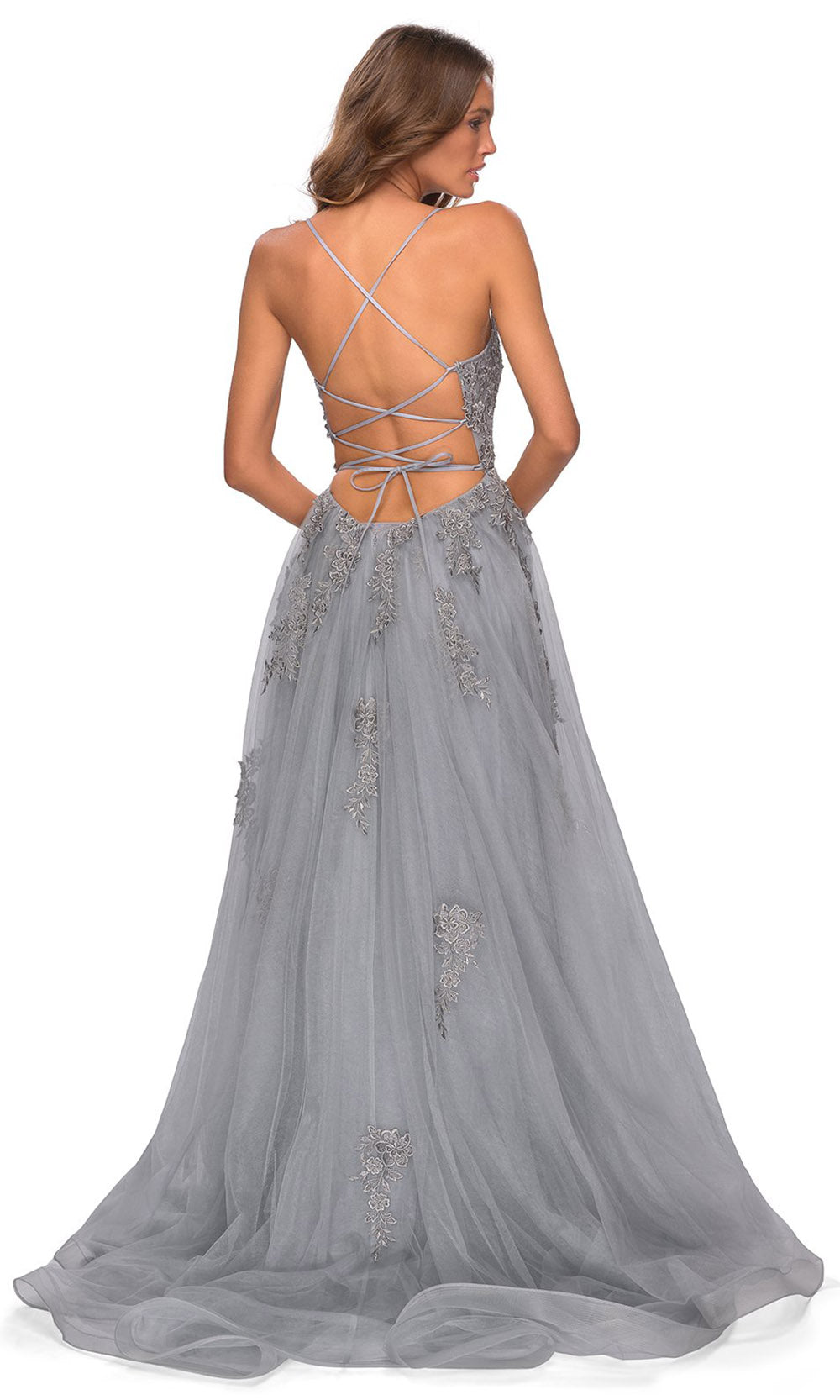 La Femme - 28470 Floral Lace Tulle Slit A-Line Gown In Silver & Gray