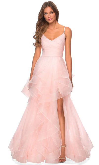 La Femme - 28502 High Slit Tiered Tulle Dress In Pink