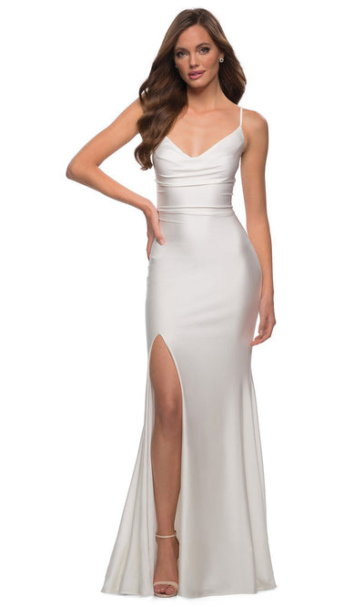 La Femme - 28518 V-Neck High Slit Open Back Long Jersey Gown In White & Ivory