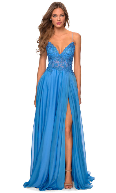 La Femme - 28543 Lace Bodice High Slit Dress In Blue