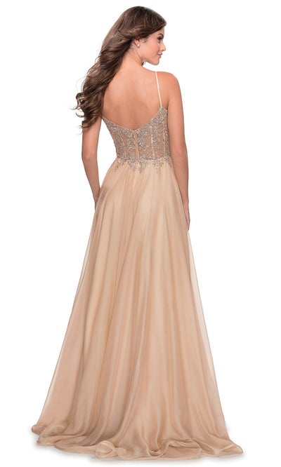 La Femme - 28543 Lace Bodice High Slit Dress In Champagne & Gold