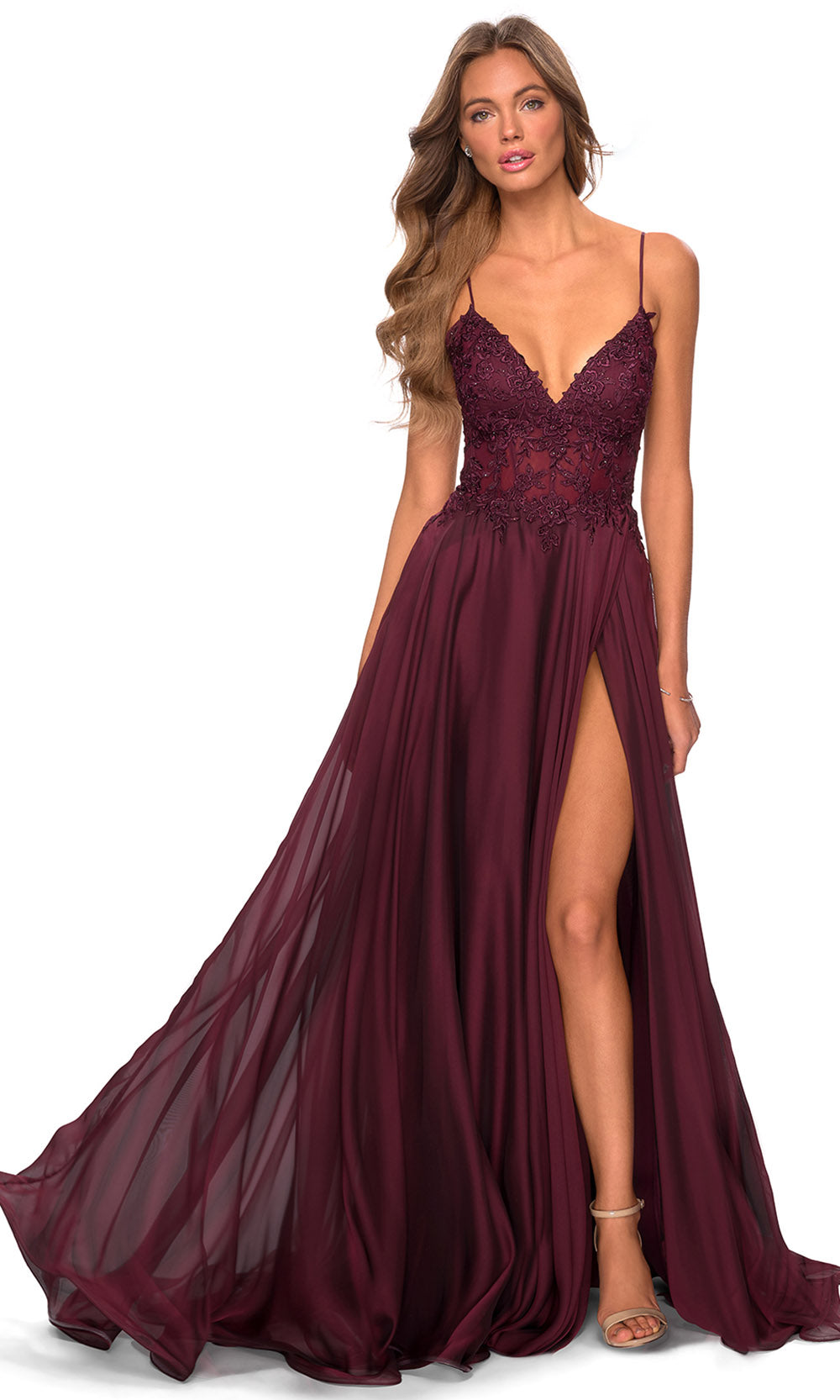 La Femme - 28543 Lace Bodice High Slit Dress In Red