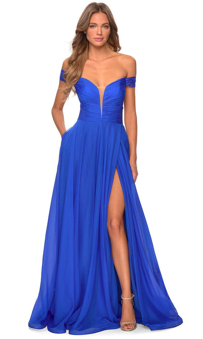 La Femme - 28546 Plunging Bodice Chiffon Dress In Blue