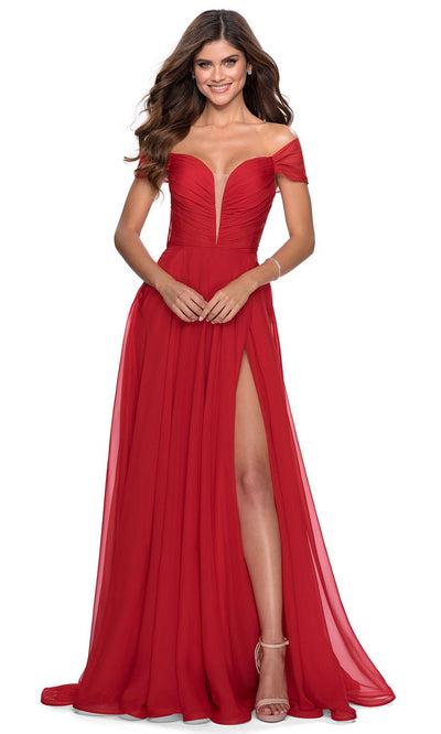 La Femme - 28546 Plunging Bodice Chiffon Dress In Red