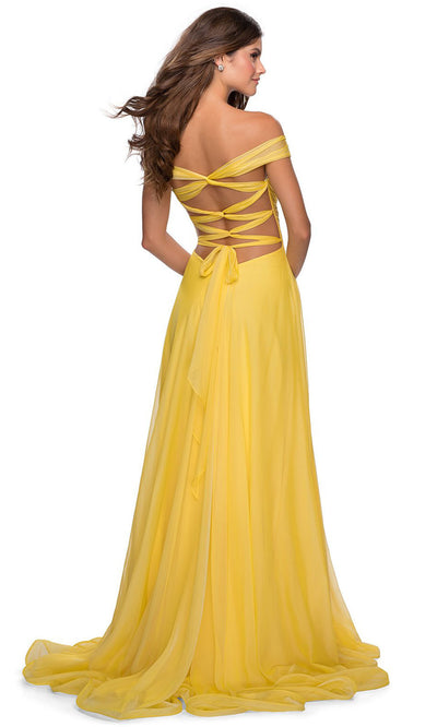 La Femme - 28546 Plunging Bodice Chiffon Dress In Yellow