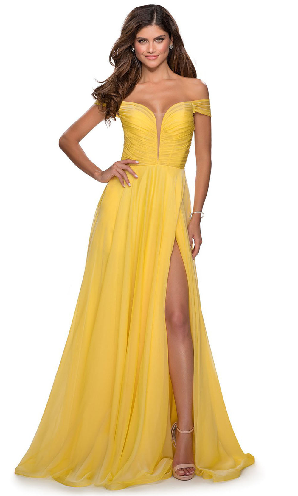 La Femme - 28546 Plunging Bodice Chiffon Dress In Yellow