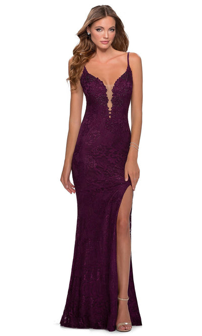 La Femme - 28556 Plunging Bodice Lace Dress In Purple