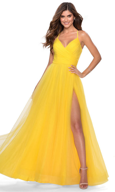 La Femme - 28561 Spaghetti Strap Tulle Dress In Yellow