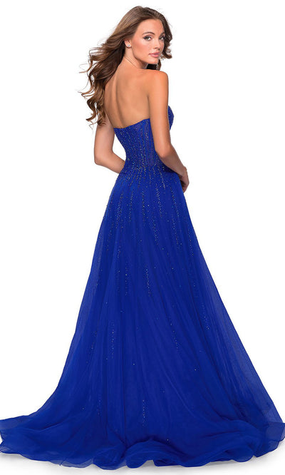 La Femme - 28603 Strapless Beaded High Slit Dress In Blue