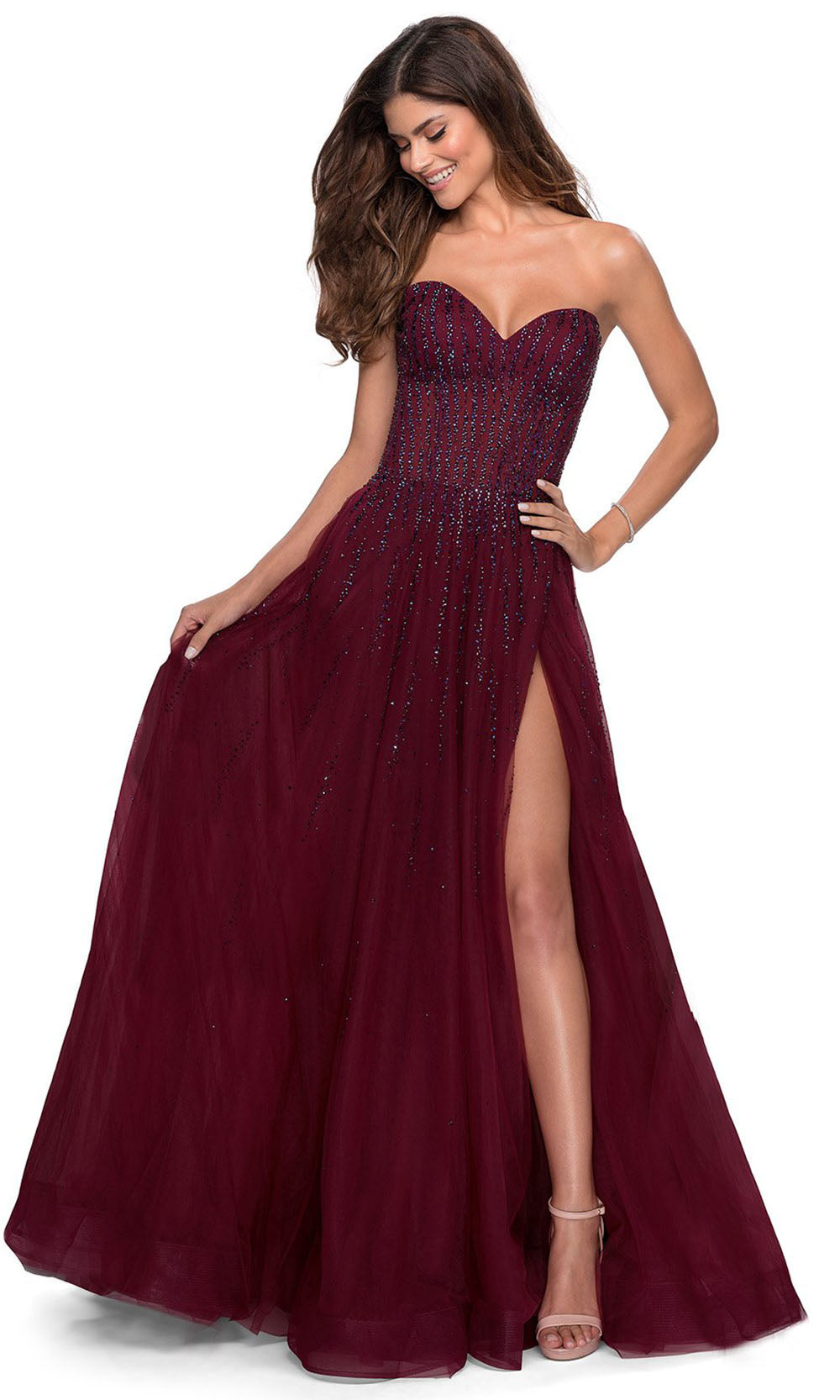 La Femme - 28603 Strapless Beaded High Slit Dress In Purple