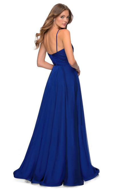 La Femme - 28611 V-Neck High Slit Chiffon A-Line Gown In Blue