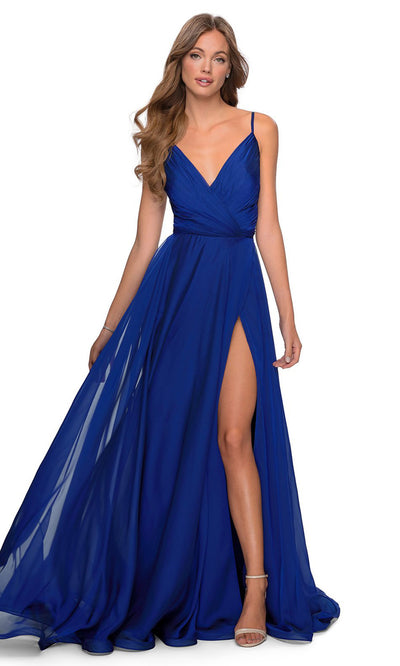 La Femme - 28611 V-Neck High Slit Chiffon A-Line Gown In Blue