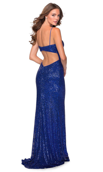 La Femme - 28616 Full Sequin Fitted High Slit Sheath Gown In Blue
