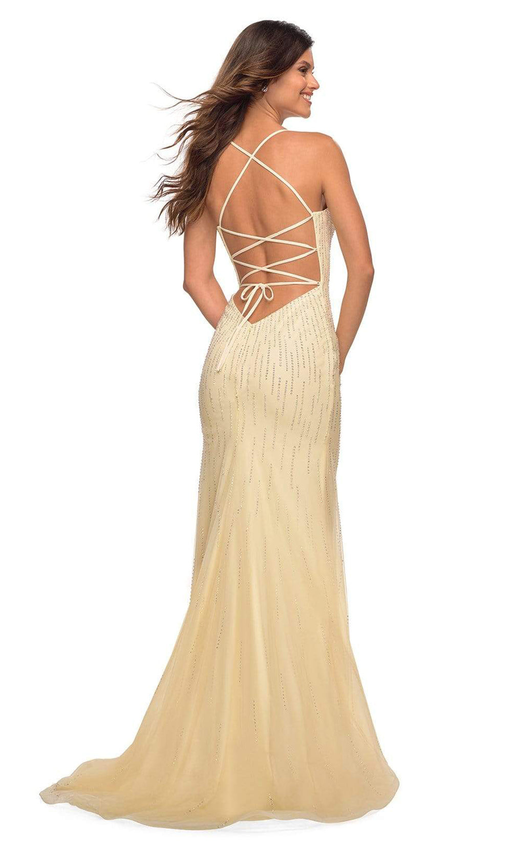 La Femme - 28622 Beaded Lace Up Tulle Gown In Yellow