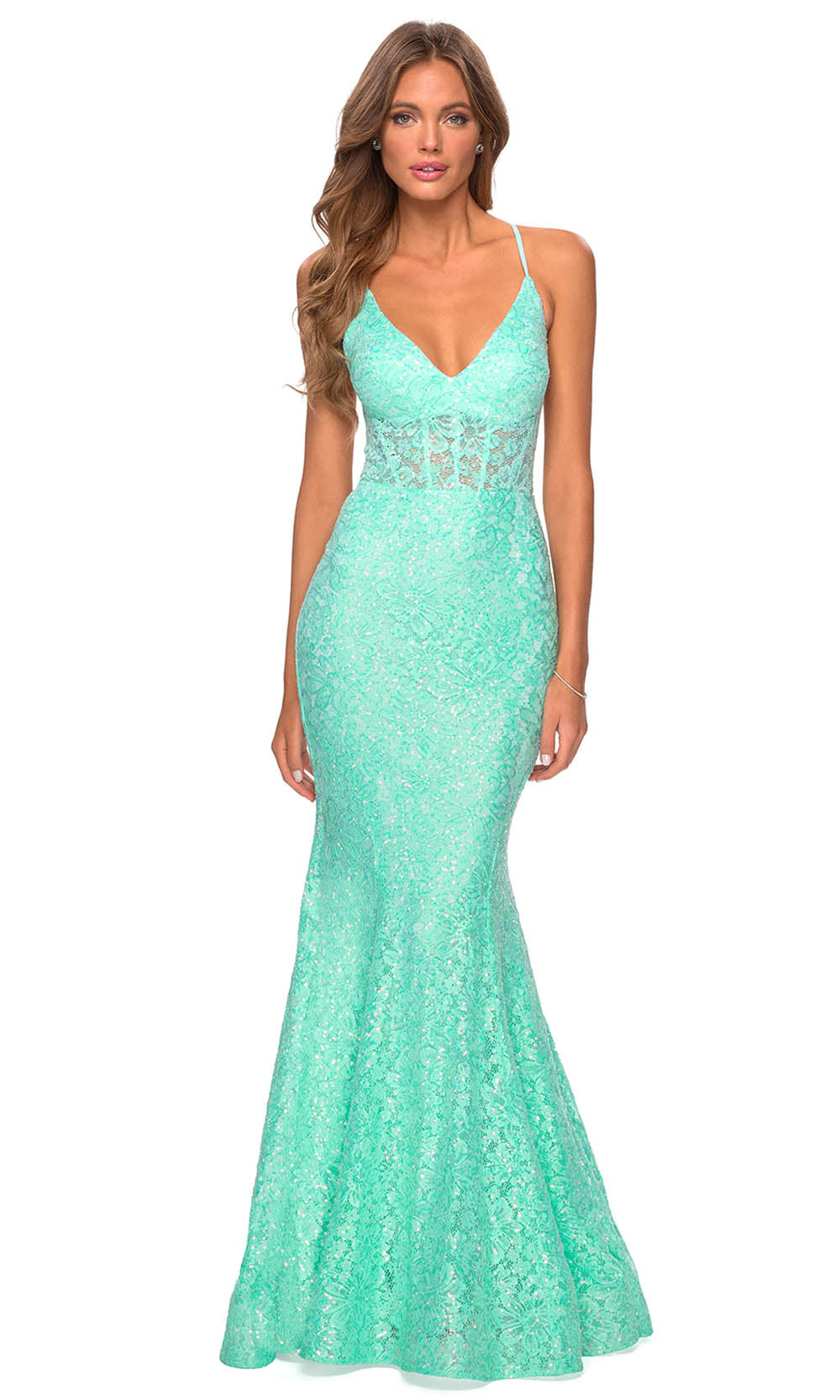 La Femme - 28647 Plunging V-Neck Sequin Lace Mermaid Gown In Green