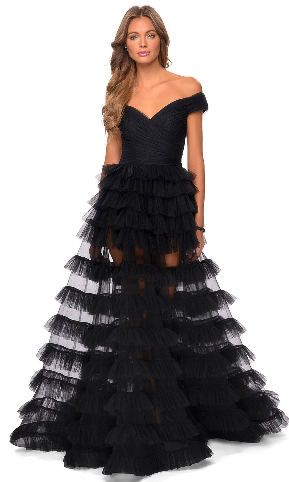 La Femme - 28804 Off Shoulder Tulle Tiered Dress In Black