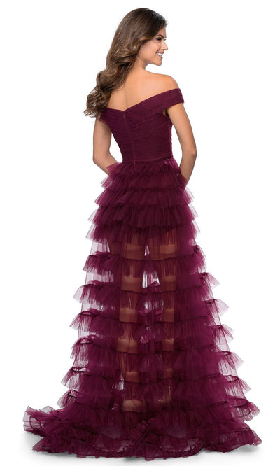 La Femme - 28804 Off Shoulder Tulle Tiered Dress In Red and Purple