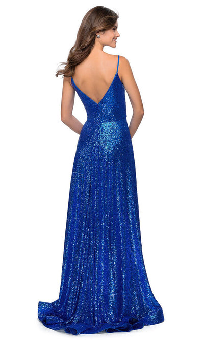 La Femme - 28909 Soft V-Neck High Slit Sequin A-Line Gown In Blue