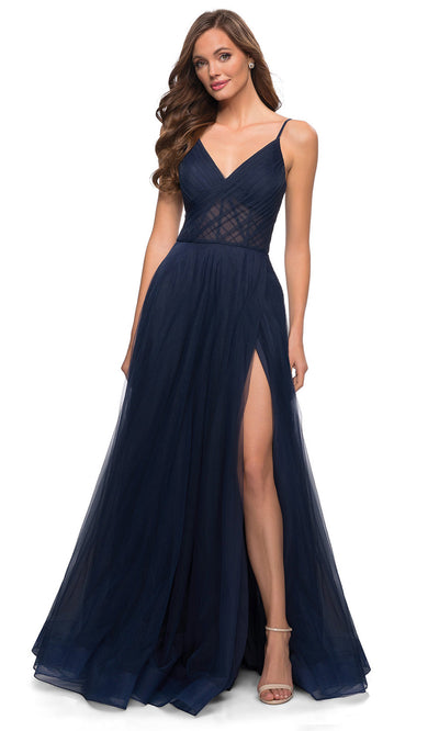 La Femme - 29076 Ruche Tulle Corset High Slit Dress In Blue