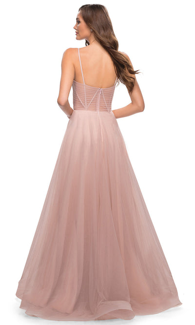 La Femme - 29076 Ruche Tulle Corset High Slit Dress In Pink