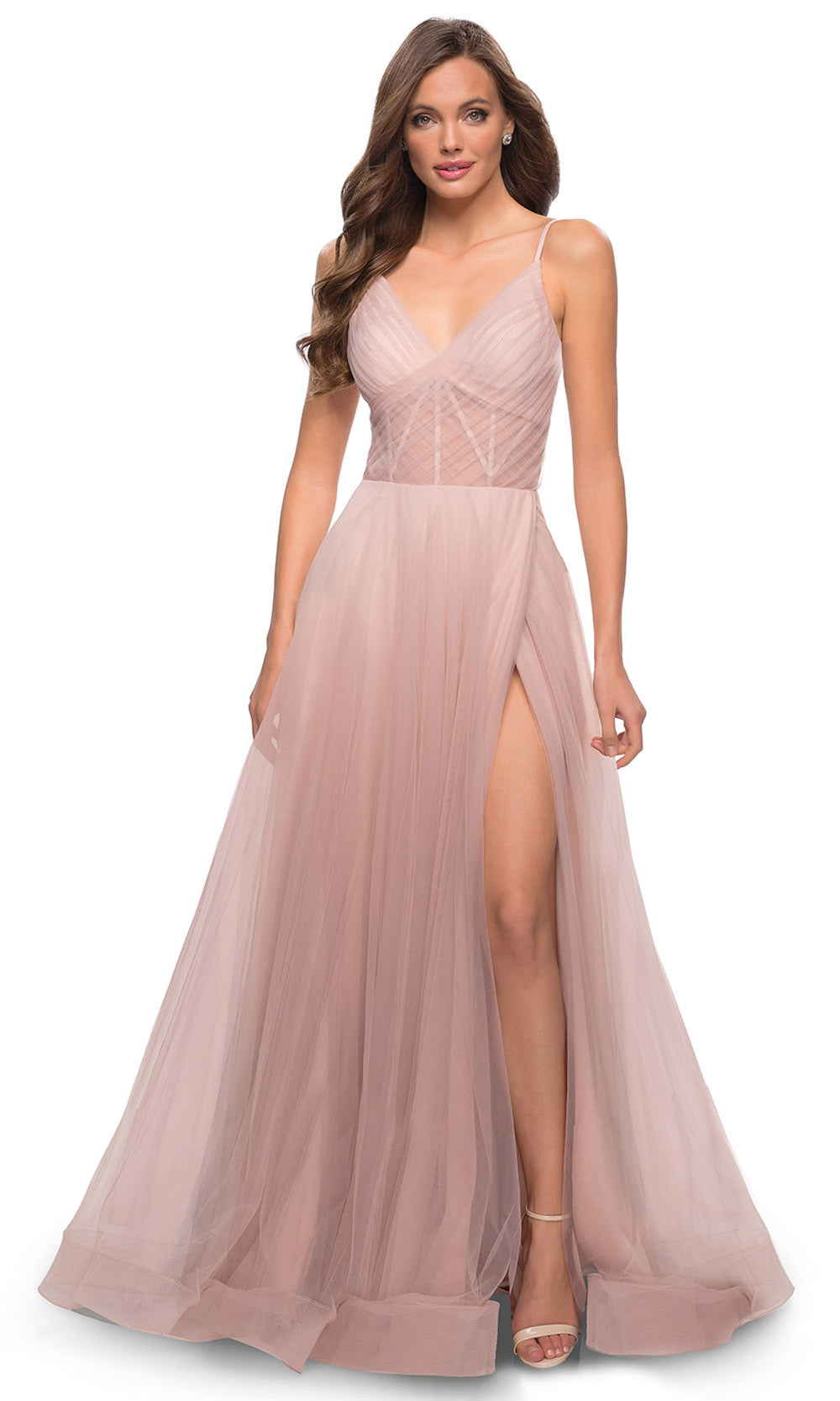 La Femme - 29076 Ruche Tulle Corset High Slit Dress In Pink