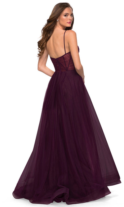 La Femme - 29076 Ruche Tulle Corset High Slit Dress In Purple