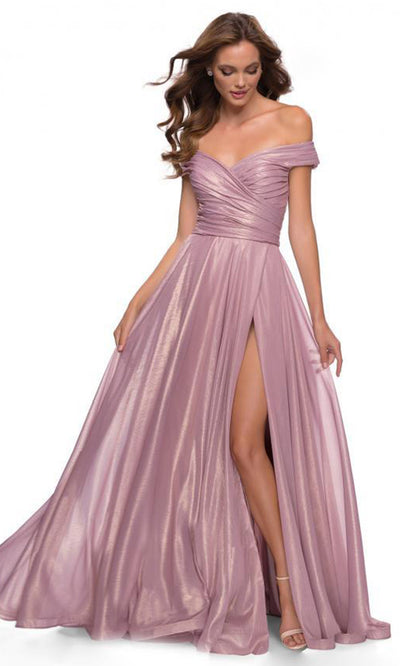 La Femme - 29172 A-Line Metallic Off-Shoulder Dress In Pink