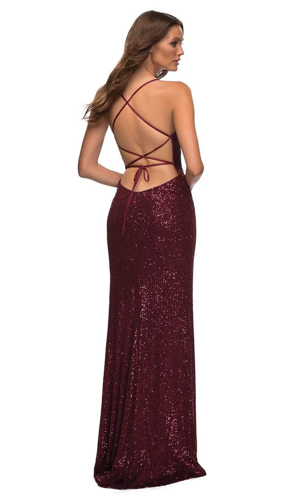 La Femme - 29438 Draped Slit Sequin Gown In Burgundy