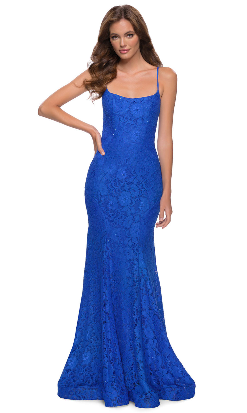 La Femme - 29611 Scoop Neck Strappy Open Back Floral Lace Gown In Blue