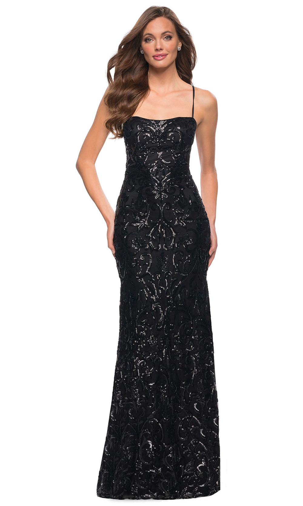 La Femme - 29638 Spaghetti Strap Sequin Sheath Dress In Black