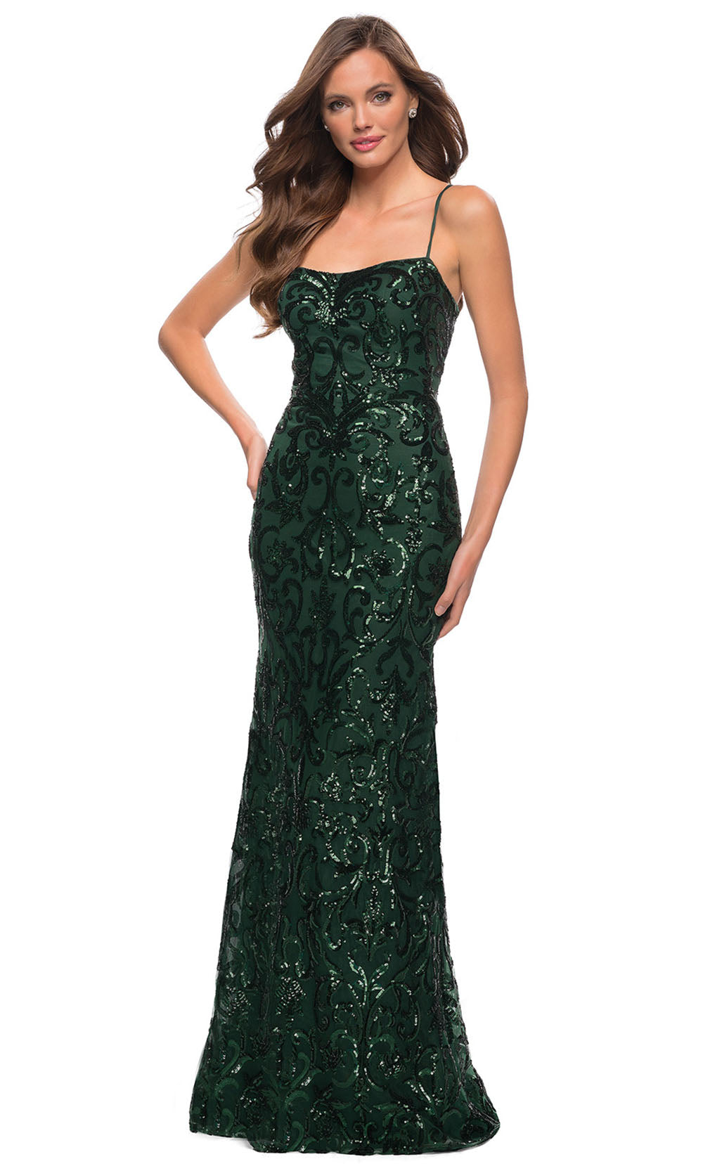 La Femme - 29638 Spaghetti Strap Sequin Sheath Dress In Green