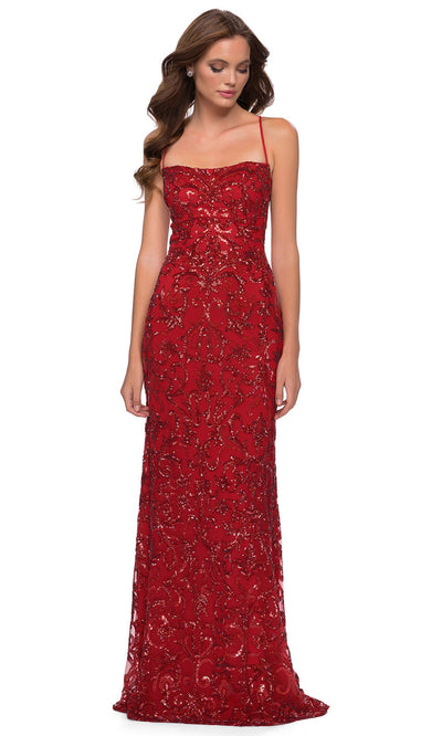 La Femme - 29638 Spaghetti Strap Sequin Sheath Dress In Red